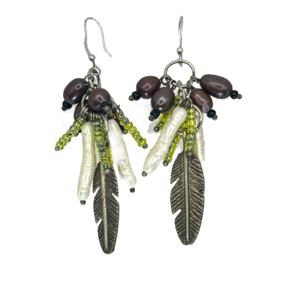 Artisan Jewelry - Sterling Genuine Pearl Dangle Earrings Biwa Pearls Feather Detail Beautiful Fun